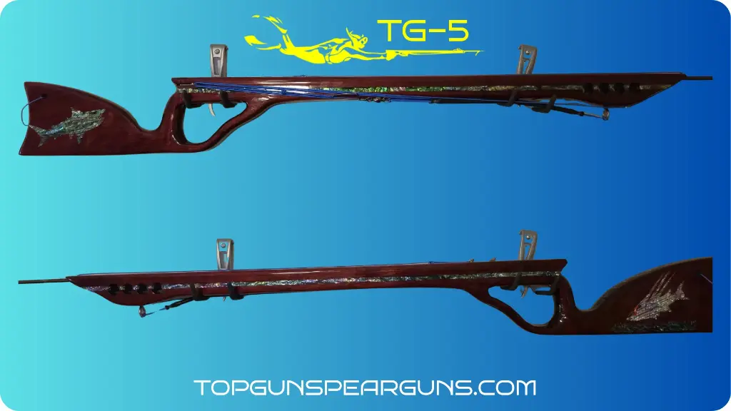 Topgun Speargun Exotic Wood Padauk inlay down the stock on one side and a hog snapper and a grass bed and on the other side - a great white in abalone inlay.webp