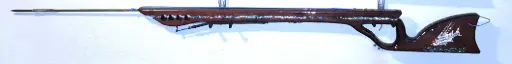 Topgun Speargun Exotic Wood Padauk inlay down the stock on one side and a hog snapper and a grass bed and on the other side - a great white in abalone inlay